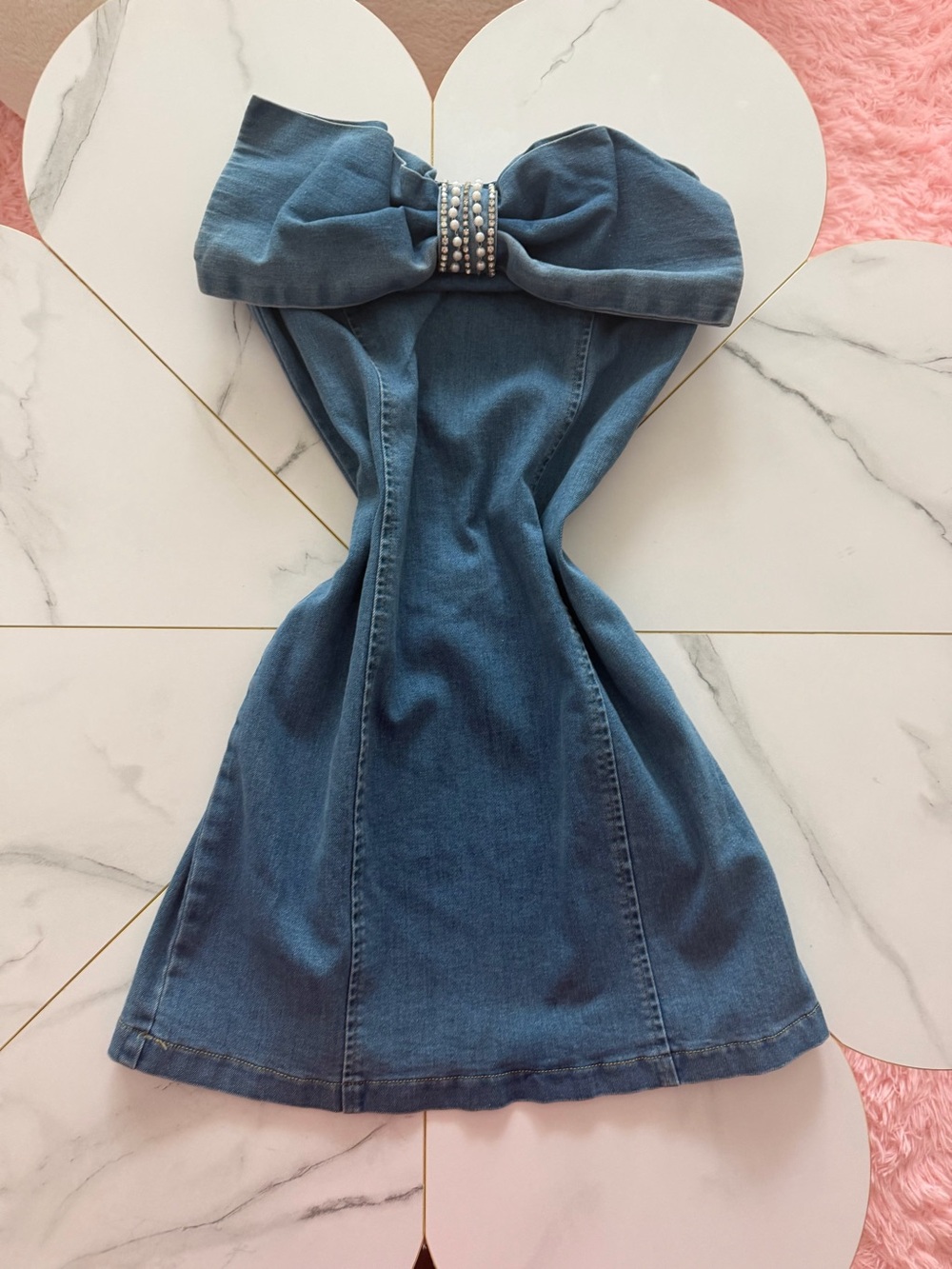 Strapless Blue Denim Mini Dress with Bow Detail